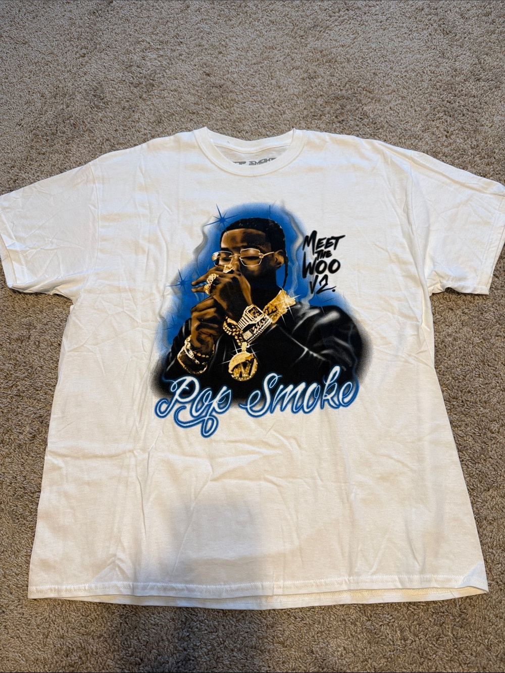 White Pop Smoke Graphic Short Sleeve Tee with Blue Accents